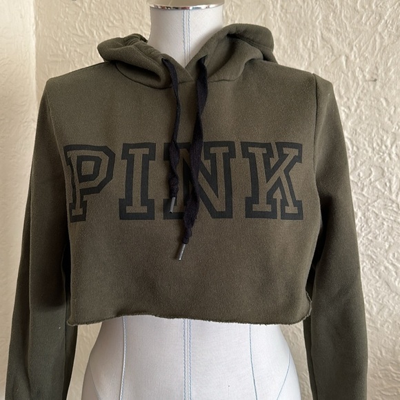 Victoria’s Secret Pink Olive Green Black Block Logo Cropped Hoodie Sweatshirt S - Picture 2 of 9
